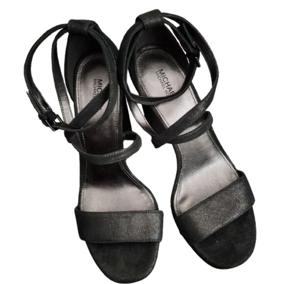 Michael Kors Strappy Open Toe Charcoal Gold Flake Platform 4.5" Woman's 8 Heel - Picture 1 of 6